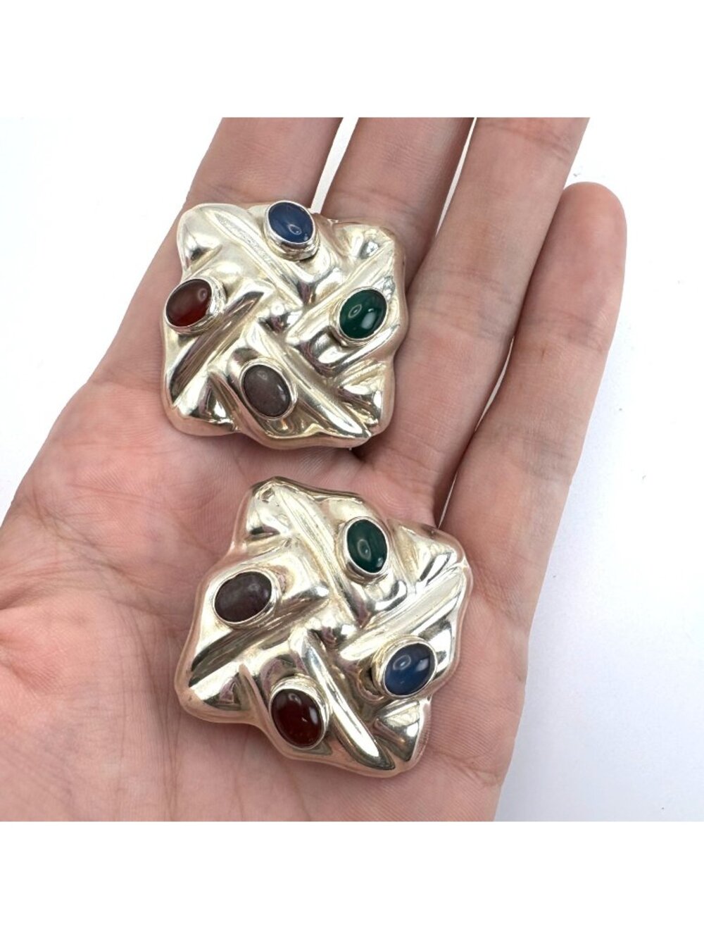 Multicolor Gemstone Puffed Clip On Sterling Silver 925 Earrings 1.25" Length